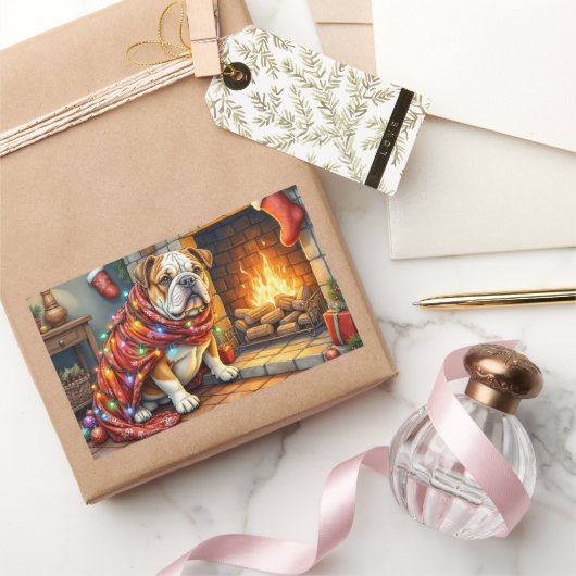 Sticker Rectangulaire Bulldog Sitting by Fireplace with Christmas Lights (Cadeaux)