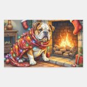 Sticker Rectangulaire Bulldog Sitting by Fireplace with Christmas Lights (Devant)