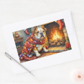 Sticker Rectangulaire Bulldog Sitting by Fireplace with Christmas Lights (Enveloppe)