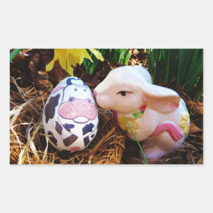 Sticker Rectangulaire Bunny de Pâques embrasser Oeuf de vache