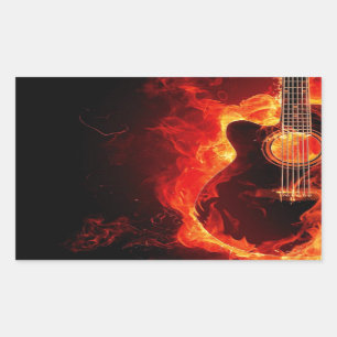 Sticker Rectangulaire Burning Guitar, Orange Flames Music Rock Band