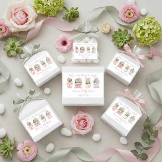 Sticker Rectangulaire Cactus Ruban rose bébé fille Merci douche