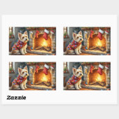 Sticker Rectangulaire Cairn Terrier Sitting Fireplace Christmas Lights (Feuille)