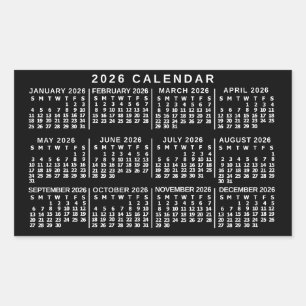 Sticker Rectangulaire Calendrier mensuel 2026 classique noir et blanc