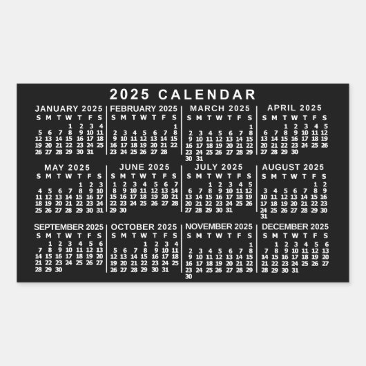 Sticker Rectangulaire Calendrier mensuel de l'année 2025 Classique Noir (Devant)