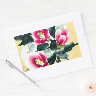 Sticker Rectangulaire Camellia dans la neige peinte en technique sumie