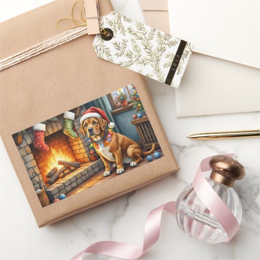 Sticker Rectangulaire Cane Corso Fireplace with Christmas Lights (Cadeaux)