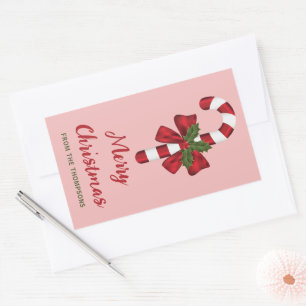 Sticker Rectangulaire Canne de Noël rouge et blanche avec texte personna