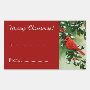 Sticker Rectangulaire Cardinal mâle et branche de houx rouge