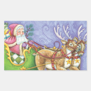 Sticker Rectangulaire Caricature de Noël Santa Claus Sleigh Reindeer