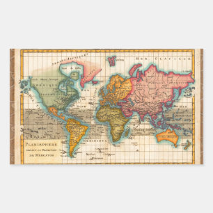 Sticker Rectangulaire Carte du Monde 1780 Bonne Antique Planisphère 