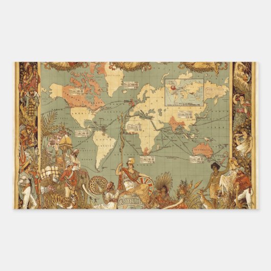 Sticker Rectangulaire Carte du monde Antique 1886 Illustré (Devant)