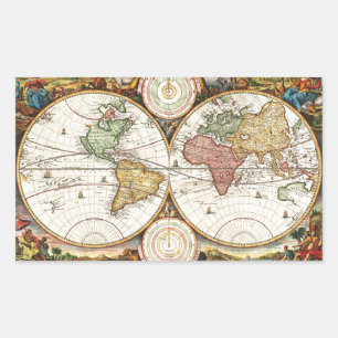 Sticker Rectangulaire Carte du monde vintage Deux hémisphères Art antiqu