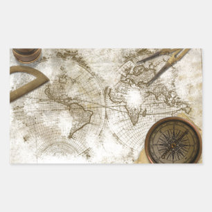 Sticker Rectangulaire Carte du monde vintage et outils