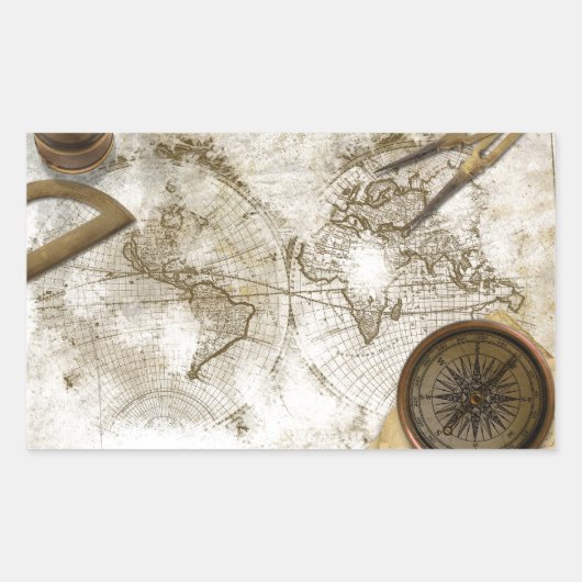 Sticker Rectangulaire Carte du monde vintage et outils (Devant)