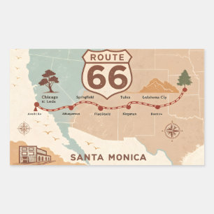 Sticker Rectangulaire Carte vintage de la route 66 avec des villes histo