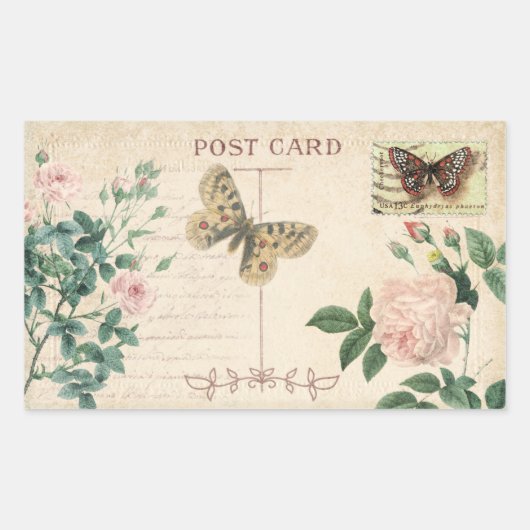 Sticker Rectangulaire Cartes postales vintages Rose & Papillon (Devant)
