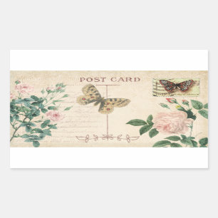 Sticker Rectangulaire Cartes postales vintages Rose & Papillon
