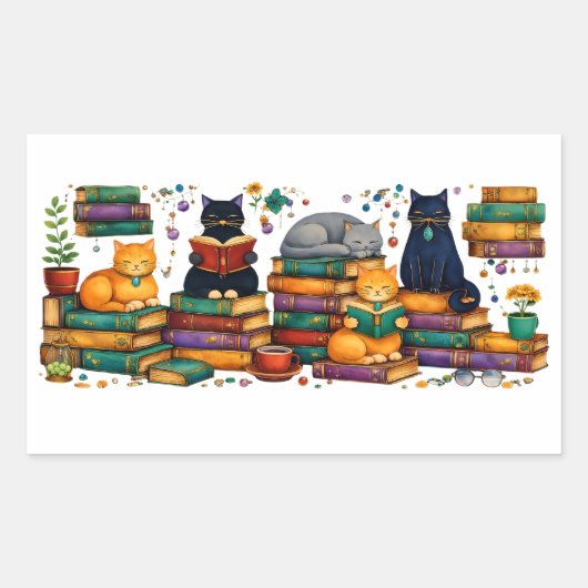 Sticker Rectangulaire Cats Reading Books Cozy Library Scene (Devant)