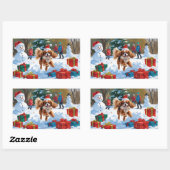 Sticker Rectangulaire Cavalier King Charles Spaniel Neige avec Noël (Feuille)