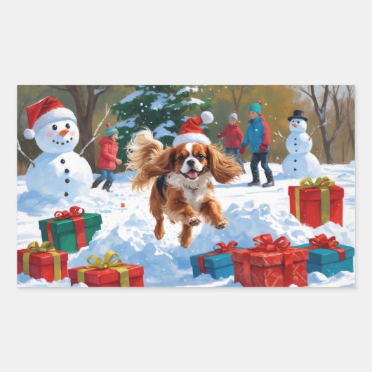 Sticker Rectangulaire Cavalier King Charles Spaniel Neige avec Noël (Devant)
