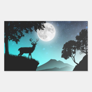 Sticker Rectangulaire Cerf sous la lune turquoise