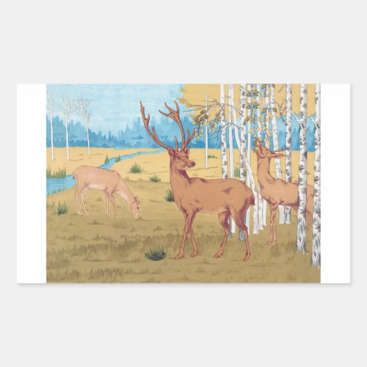 Sticker Rectangulaire Cerfs en forêt Animal Vintage (Devant)