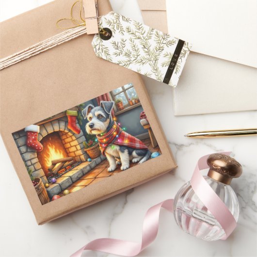 Sticker Rectangulaire Cesky Terrier Fireplace with Christmas Lights (Cadeaux)