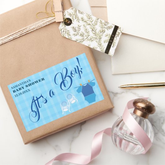Sticker Rectangulaire C'est un garçon ! Baby shower bleu moderne. Servie (Cadeaux)