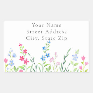 Sticker Rectangulaire Champ de Fleurs sauvages d'aquarelle mixte Étiquet