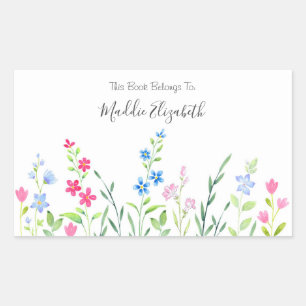 Sticker Rectangulaire Champ de Fleurs sauvages d'aquarelle mixte Étiquet