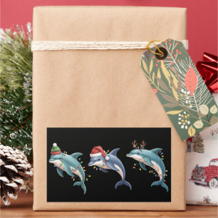 Sticker Rectangulaire Chapeau de Noël de Santa amateur de dauphins Xmas
