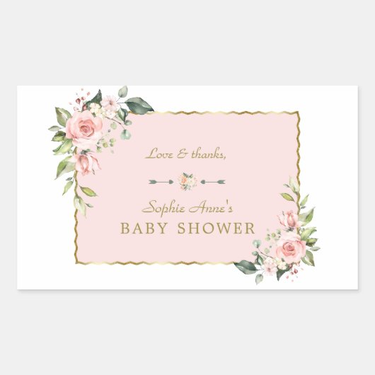 Sticker Rectangulaire Charm rose Fleurs blanches Or Baby shower cadre Or (Devant)