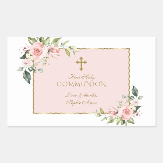 Sticker Rectangulaire Charmante Pink Floral Gold First Holy Communion (Devant)