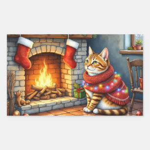 Sticker Rectangulaire Chat abyssin assis près de la cheminée à Noël