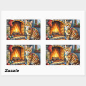 Sticker Rectangulaire Chat Bengal devant une cheminée avec des lumières  (Feuille)