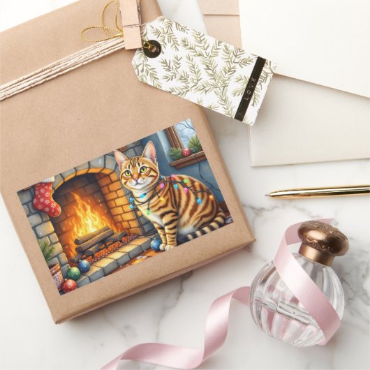 Sticker Rectangulaire Chat Bengal devant une cheminée avec des lumières  (Cadeaux)