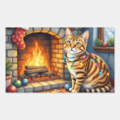 Sticker Rectangulaire Chat Bengal devant une cheminée avec des lumières  (Devant)