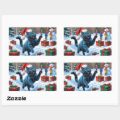 Sticker Rectangulaire Chat bleu russe à la neige avec Casquette de Noël (Feuille)