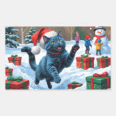 Sticker Rectangulaire Chat bleu russe à la neige avec Casquette de Noël (Devant)