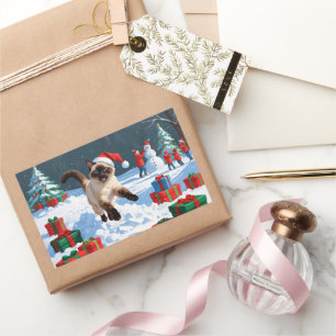 Sticker Rectangulaire Chat de Siamese coule en neige avec Casquette de N