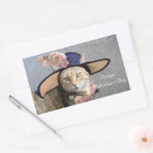 STICKER RECTANGULAIRE CHAT ÉLÉGANT AVEC GRAND CASQUETTE DIVA, ROSES ROSE (Enveloppe)