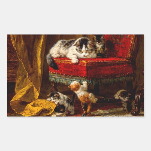 Sticker Rectangulaire Chat et chatons Jouer avec chaise (Devant)