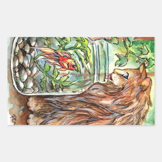 Sticker Rectangulaire Chat et poisson d'or (Devant)