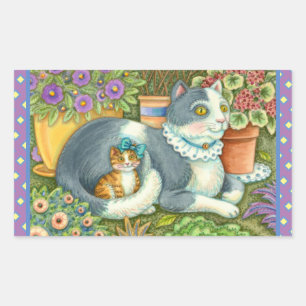 STICKER RECTANGULAIRE CHAT MÈRE ET CUISINE, FLEURS POTÉES, BOWS & LACE