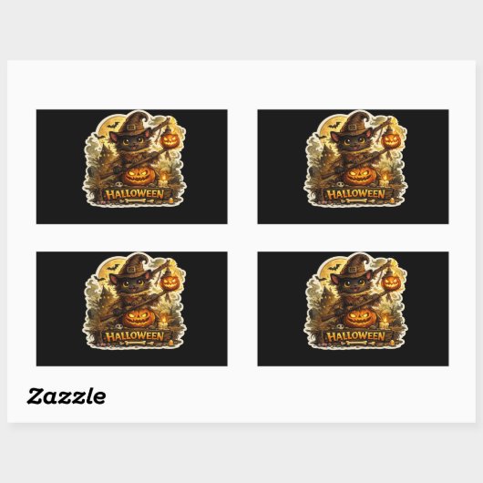 Sticker Rectangulaire 🐈⬛🎃 Chat Noir et Citrouille Épouvantables – Nui (Feuille)