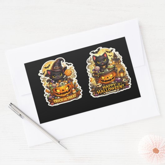 Sticker Rectangulaire 🐈⬛🎃 Chat Noir Sorcière – Citrouille de Hallowee (Enveloppe)