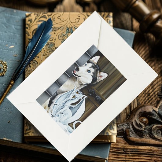 Sticker Rectangulaire Château Dragon Fantaisiste de Chien Husky d'Hiver 