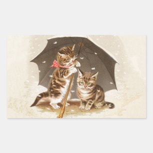 Sticker Rectangulaire Chatons vintage sous un parapluie, art antique de