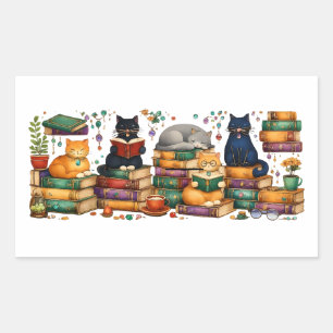 Sticker Rectangulaire Chats lisant des livres Scène de bibliothèque cosy